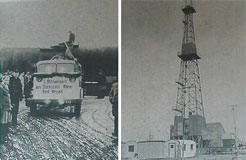 Links: der erste ltransport aus Stockstadt; rechts: ehemalige Frderstelle im Gebiet zwischen Stockstadt, Gernsheim und Crumstadt