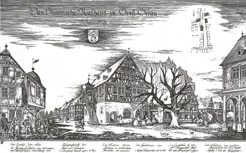 Rekonstruktion 1578/79: Historisches  Rathaus mit dem Stadtbrunnen. Links: Hotel Adler 