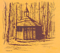 Zeichnung  der Hüttenkirche im Wald