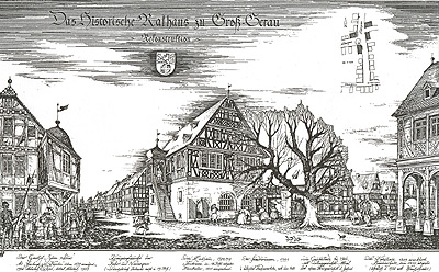 Rathaus mit Stadtbrunnen in der Frankfurter Straße